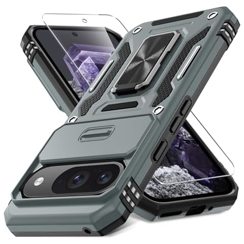 DEERLAMN Case for Google Pixel 9/9 Pro with Slide Camera Cover+Screen Protector(1 Pack), Rotated Ring Kickstand Military Grade Shockproof Protective Cover-Grey Cover