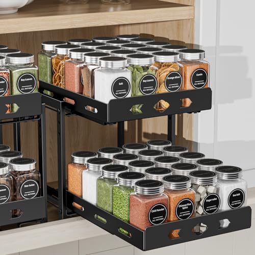 BOIVSHI Pull Out Spice Racks for Inside Cabinets, 2-Tier Cabinet Spice Rack, Height Adjustable Spice Rack Organizer for Cabinet, Kitchen Vertical Spice Rack (9.7''Wx10.8''Dx9.2''H, Metal Black)