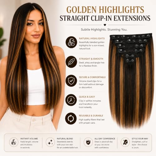 Image of Salon-Grade Clip-in Hair Extensions for Women, Imported Synthetic Hair, 6 PCS with 13 Secure Clips, Instant Volume, Natural Blend, Reusable Hair Volumizer (Brown with Golden Highlights, Straight)