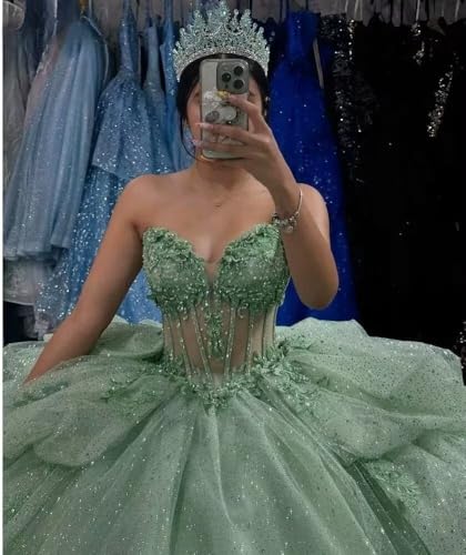 Dydsz Strapless Sparkly Quinceanera Dresses Tiered Puffy Tulle Ball Gown Sweet 16 Dresses Long Prom Dress with Train2