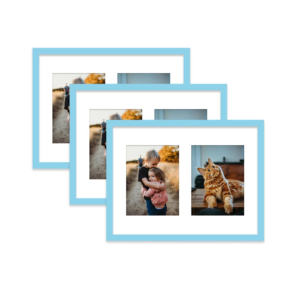Light Blue Multi Photo Frame - Holds 2 x 8x6 Pictures, Family Collage Picture Frame for Wall Display, 16x12 Frame size, Set of 3