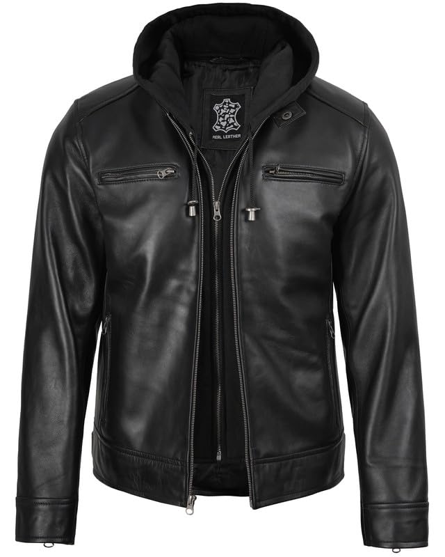 Image of Decrum Men's Real Lambskin Leather Jacket with Hood | Hooded Style, Zip Closure, Exterior and Interior Pockets, Polyester Lining