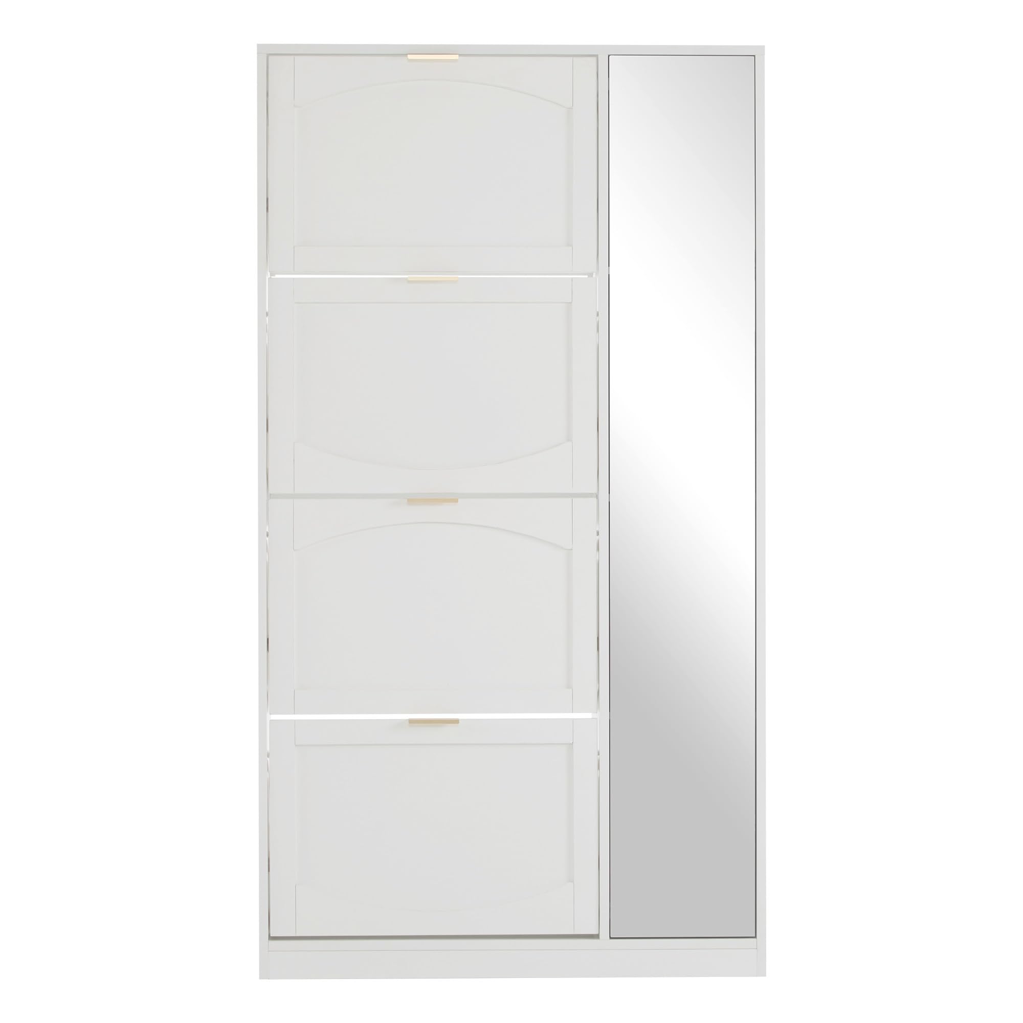 Zapatero con espejo, 4 compartimentos de almacenamiento plegables, estante ajustable, ideal para el pasillo, color blanco, tamaño: 80/alto/alto/alto/profundidad/24 cm