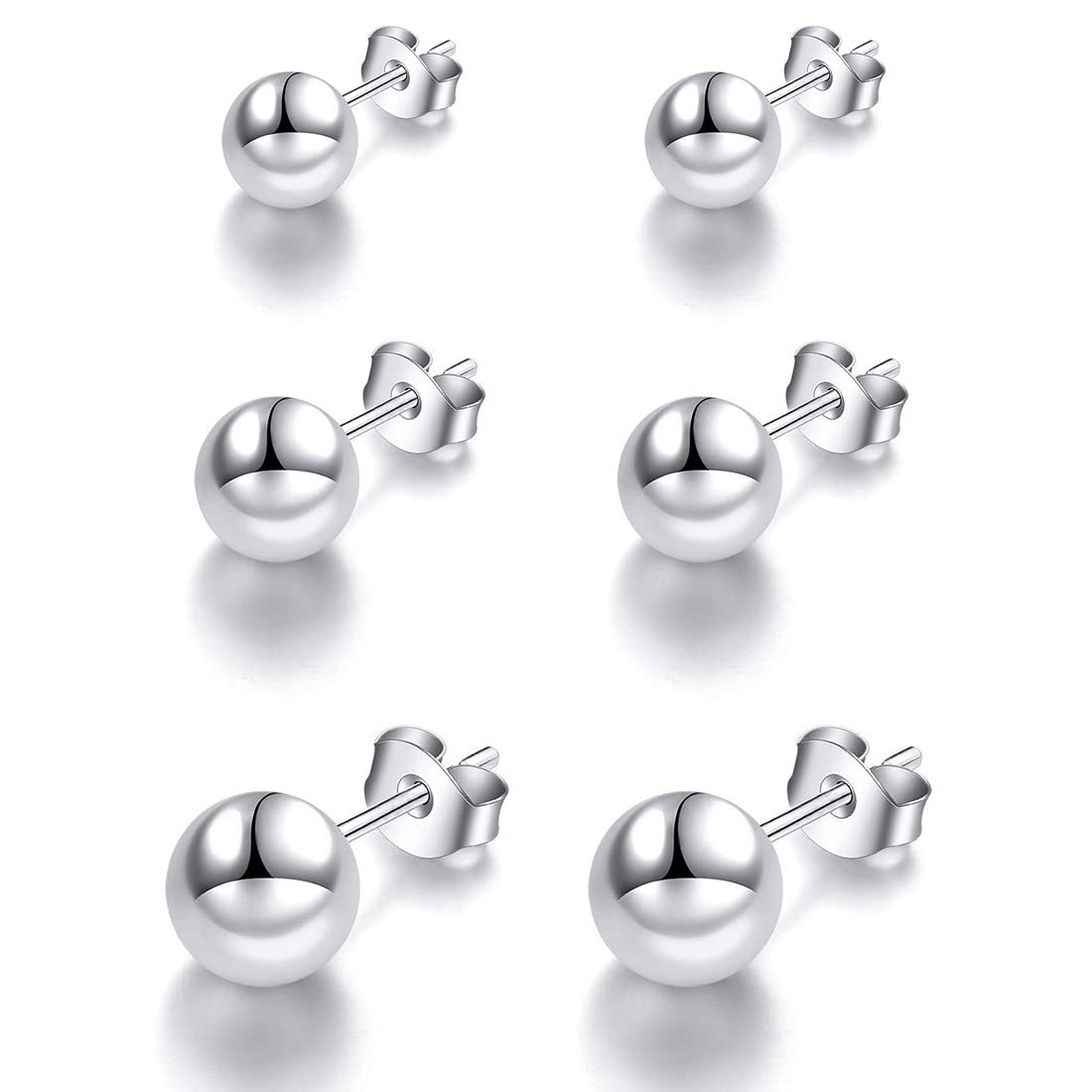 Androxeda Pendientes pequeños de plata de ley 925-3 pares de pendientes de bola para mujer - Juego de pendientes de moda - 3-5MM