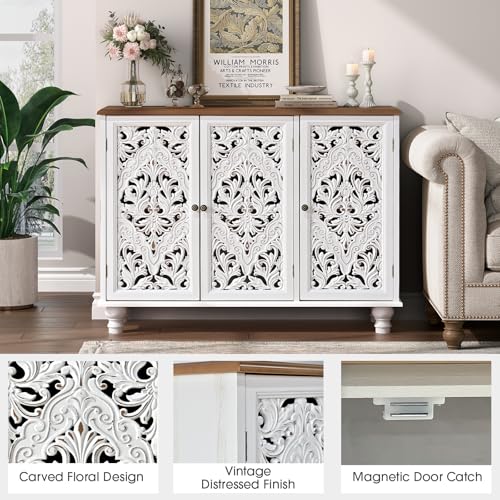Image of Accent Cabinet with 3 Doors, Decorative Storage Cabinet with Adjustable Shelf, Carved Sideboard Buffet with Solid Wood Legs for Living Room, Entryway, Kitchen, Hallway, White