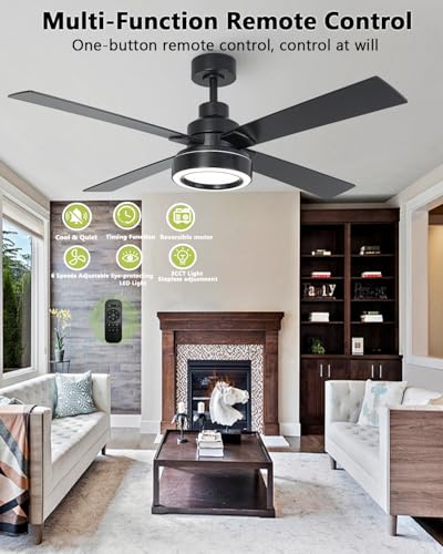 Image of 52 Inch Black Ceiling Fan with Light and Remote, Indoor Outdoor Modern Black Ceiling Fan, 3CCT Dimmable, Reversible Motor, Dual-Sided Blades Ceiling Fans for Bedroom Living Room Patio -Upgraded