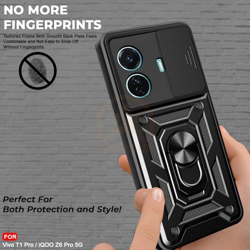 Image of Armor Bumper Back Cover Case for Vivo T1 Pro 5G / iQOO Z6 Pro 5G | Rotating Camera Cover, Ring Holder & Kickstand | Heavy Duty & 360 Degree Protection Back Cover (Black)
