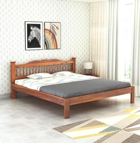Image of AADITYA WOODS Solid Sheesham Wood King Bed Cot Without Storage | Wooden Bed for Bedroom | Multipurpose Use Cot Palang Diwan (Honey k2, King) (82x75x34 inch)