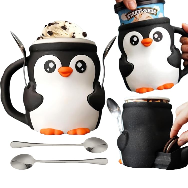 Penguin Ice Cream Pint Holder - 16 oz Reusable Cute Ice Cream Pint Popsicle Containers, Dessert Cup, Beer Can Holders, with Antifreeze Handle and Two Spoons, Gift for Cream Lovers (Black Penguin)