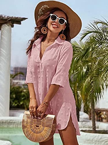 Camisa Suelta de Bikini Casual Manga Larga Cuello en V Blusas para Playa Traje de Baño Vestido de Bikini