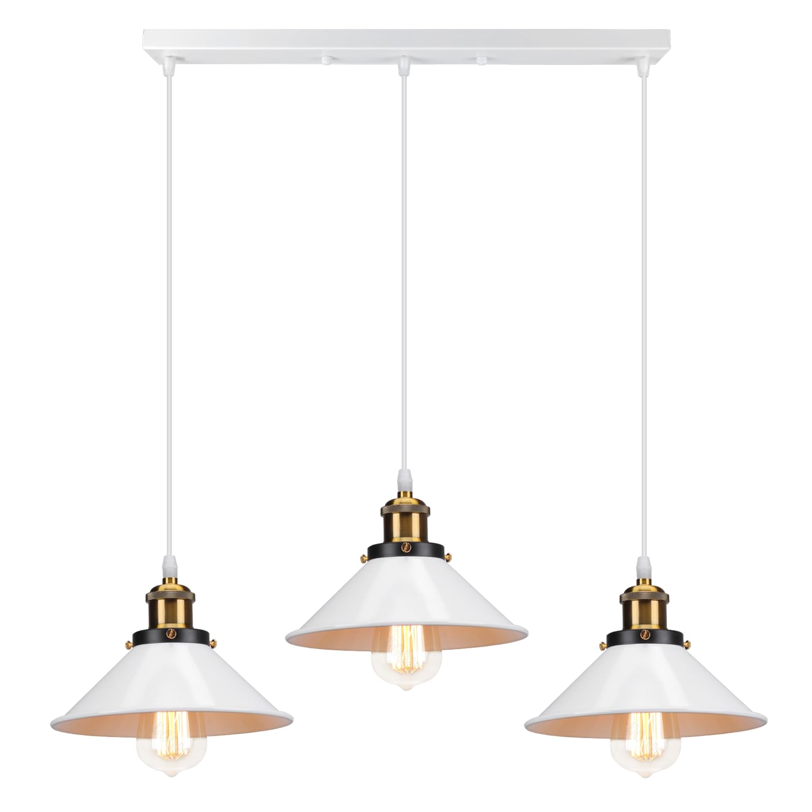 Suspension Lustre Industrielle 3 Lampes Luminaire Plafonnier Vintage Lustre Abat-Jour Ø22 cm en Métal de douille E27 Lampe Rétro pour Séjour Chambre Cuisine (Blanc,3 lampes-barre)