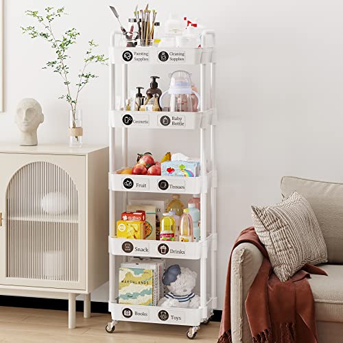 Dttwacoyh,5 Tier Utility Cart, Mobile Rolling Trolley on Wheels, Storage Cart for Kitchen, Bathroom, Office, Laundry, Makeup, White - Image 4