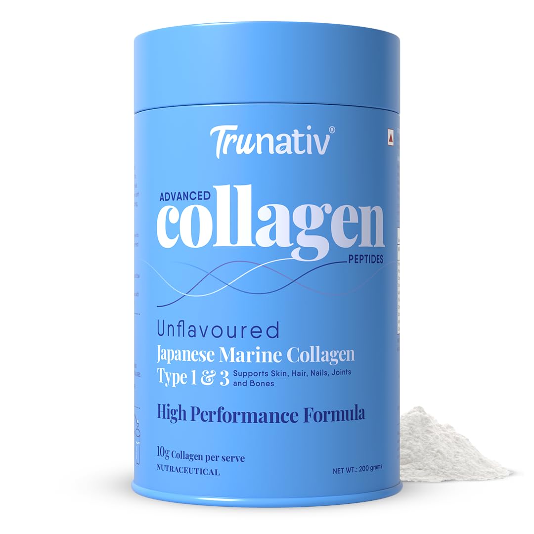Trunativ Advanced Japanese Marine Collagen Powder |Type 1 and 3 | Supplements for Women and Men with Hyaluronic Acid | Supports Skin Glow, Hair Growth, and Nail Strength | Unflavoured (200g)