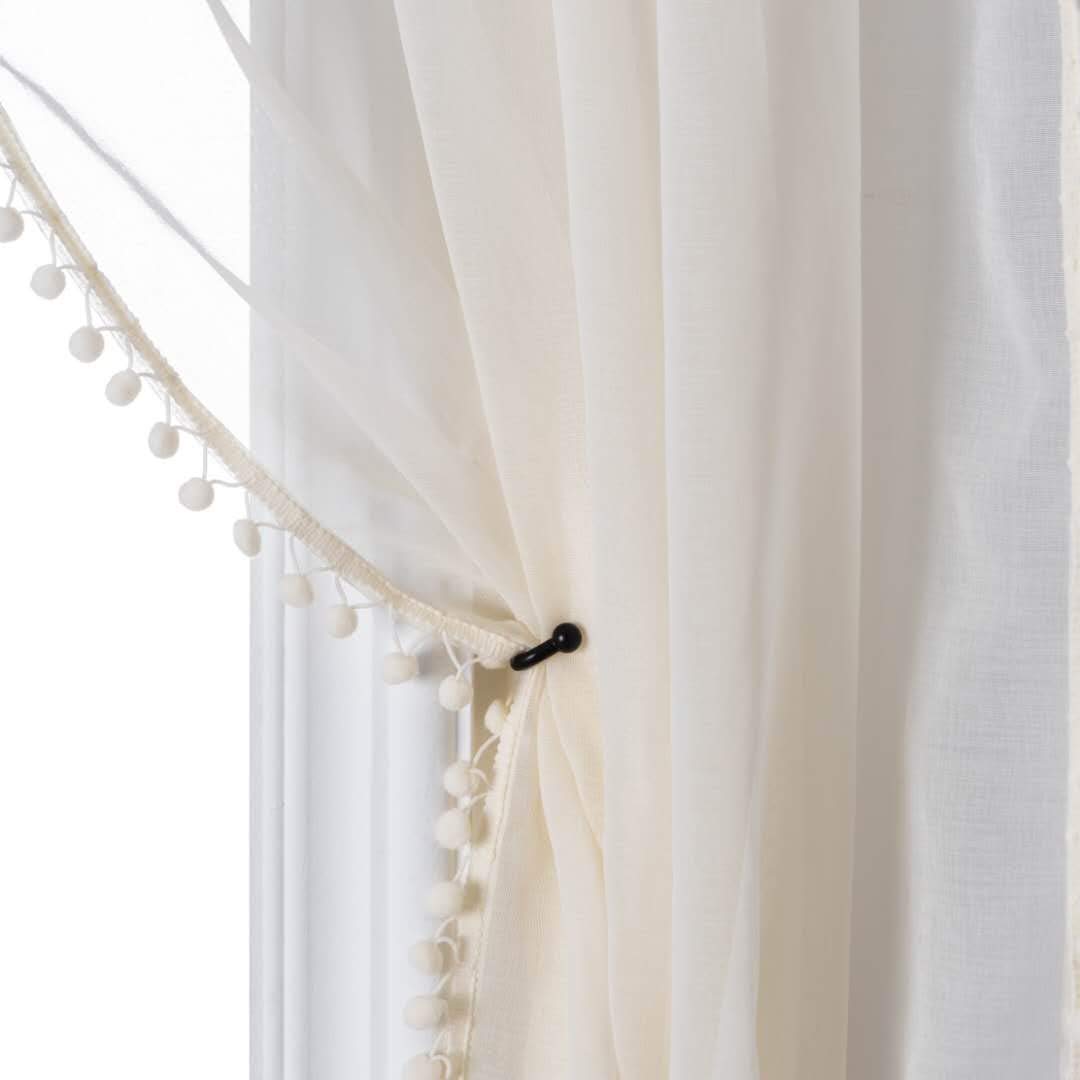 Miss Selectex Girls Ivory Iss Selectex Linen Look Pom Pom Tasseled Sheer Curtains - Rod Pocket Voile Semi-Sheer Curtains For Living And Bedroom, Set Of 2 Curtain Panels (52 X 72 Inch, )