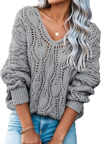 Dokotoo Sweaters for Women V Neck Long Sleeve Lightweight Crochet
