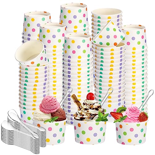 Image of Boao 200 Set 5 oz Ice Cream Cups with Spoons Disposable Paper Sundae Dessert Bowls Summer Party Supplies (Fresh Style)