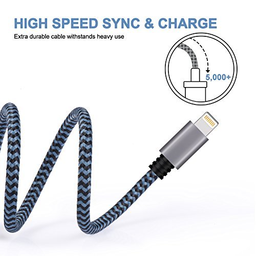 Everdigi iPhone Charger 3Pack 10FT Nylon Braided 8Pin Lightning to USB Cable Charging Cord for iPhone X 8 8Plus 7 7Plus 6s 6sPlus 6 6Plus SE 5 5s 5c iPad iPod & More (Blue)