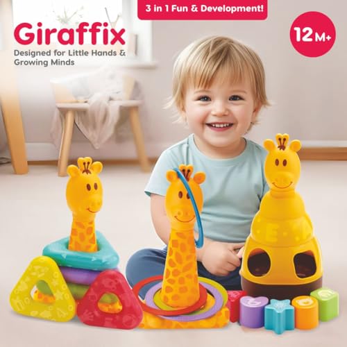 Image of toymate Giraffix 3-in-1 Stacking, Sorting & Ring Toss Toy for Toddlers | Educational Montessori Learning for Babies | Shape Sorter, Stacking Rings & Motor Skills Development Toy for 12+ Months