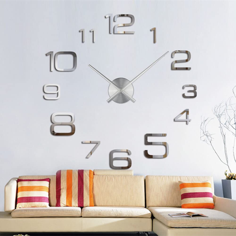 Grande Orologio Da Parete 3D Con Aghi Metallici - Design Minimal Senza Cifre - Fai Da Te, Argento - 2