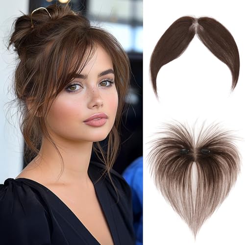 MY LADY Postizo Clip in de Flequillo con Raya Central   Cabello Humano 100% Remy en Una Pieza para Mujer (Marrón moca, con 2 clips)