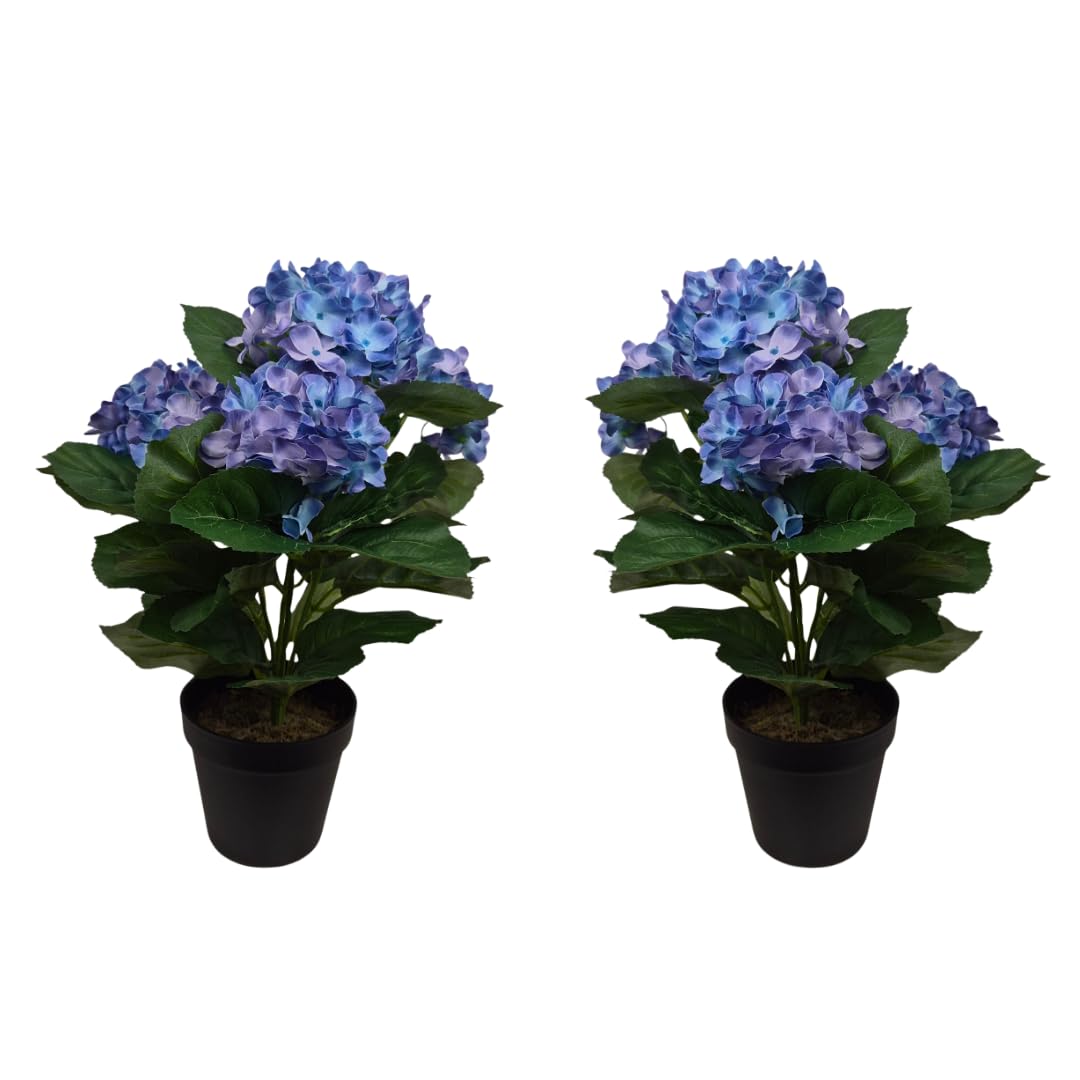 GreenBrokers x2 Artificial 42cm Blue Hydrangea Bush in Black Plastic Pot - UV Protected - Faux Silk