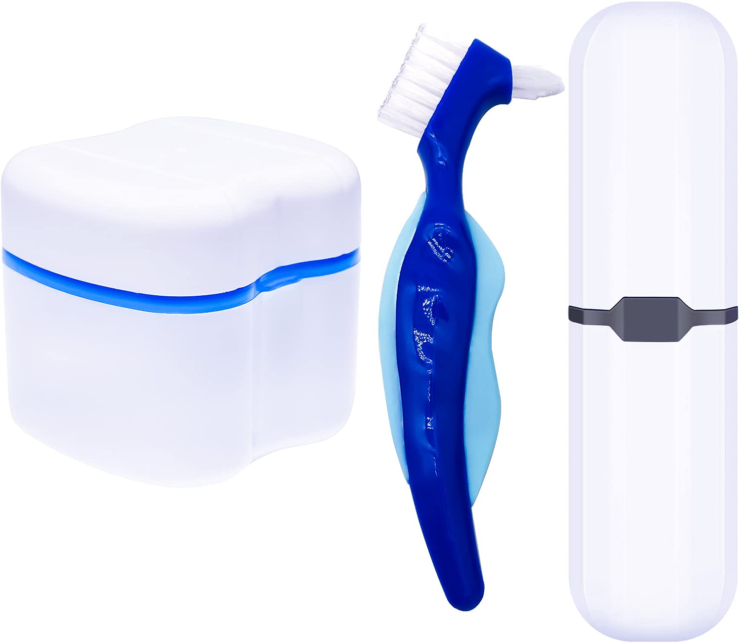 Denture Case with Cups, Toothbrush & Holder for Travel, Mouth Guard Container (Blue)