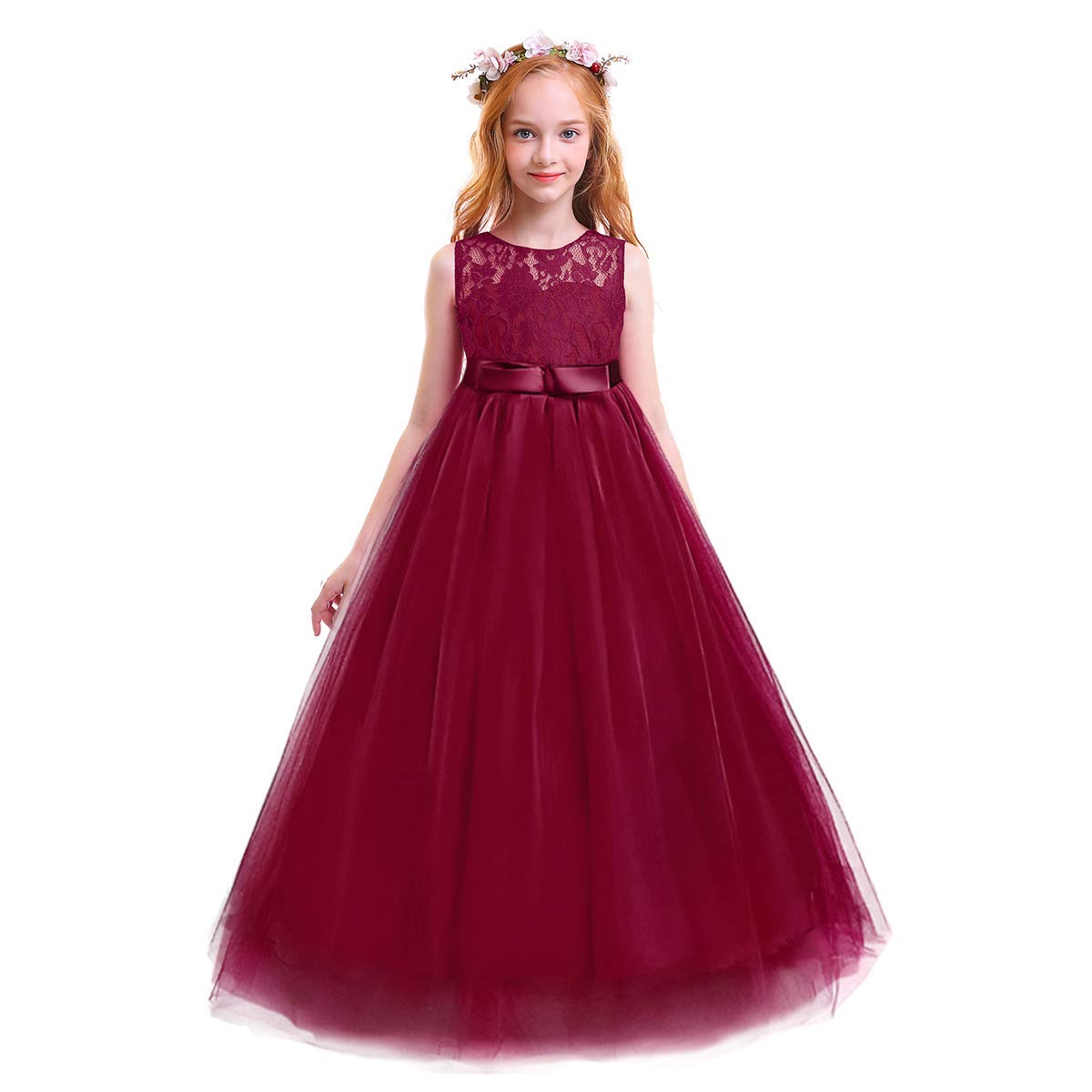 Iwemek Girls Burgundy Kids Lace Tulle Wedding Bridesmaid Communion Party Bowknot Dress Formal Pageant Birthday Prom Dance Ball Gown Maxi Flower Dress