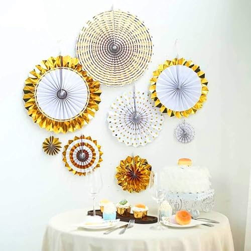 Image of Pop The Party Premium Gold & White Paper Fan Decoration Set | Shimmer Metallic & Polka Dot Rosette Fans for Birthday, Wedding, Anniversary, Party & Home Decor (Set of 8)