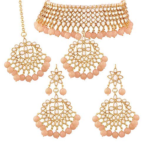 Aheli Indiase traditionele Maang Tikka met Kundan ketting oorbellen Set etnische bruiloft partij ontwerper sieraden voor vrouwen (perzik)