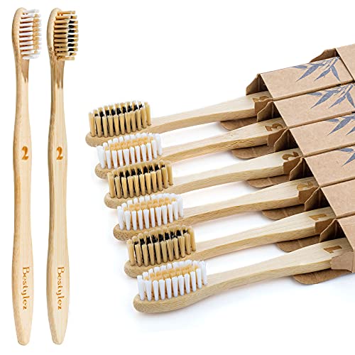 Bamboo Toothbrushes, Medium Soft Bristle, Wooden Toothbrushes, Biodegradable Eco-Friendly Natural Tooth Brush (Adult 6 Pack)