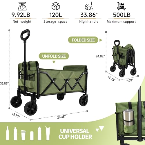 QEZER Foldable Wagon Cart, Collapsible Utility Wagon with All Terrain Wheels, Portable Folding Cart for Camping Garden Shopping Grocery Sports (Green, Medium Without Tailgate) by QEZER - Used condition - Image 2