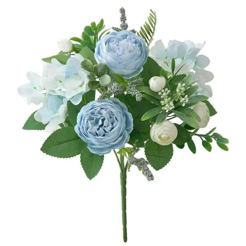 GVEKJ Blaue Seidensträuße, künstliche Waldhortensien, Pfingstrosenknospen, Hochzeit, Braut, Handstrauß, Hausgarten, Schreibtisch, Blumenarrangement, Dekor, Blau