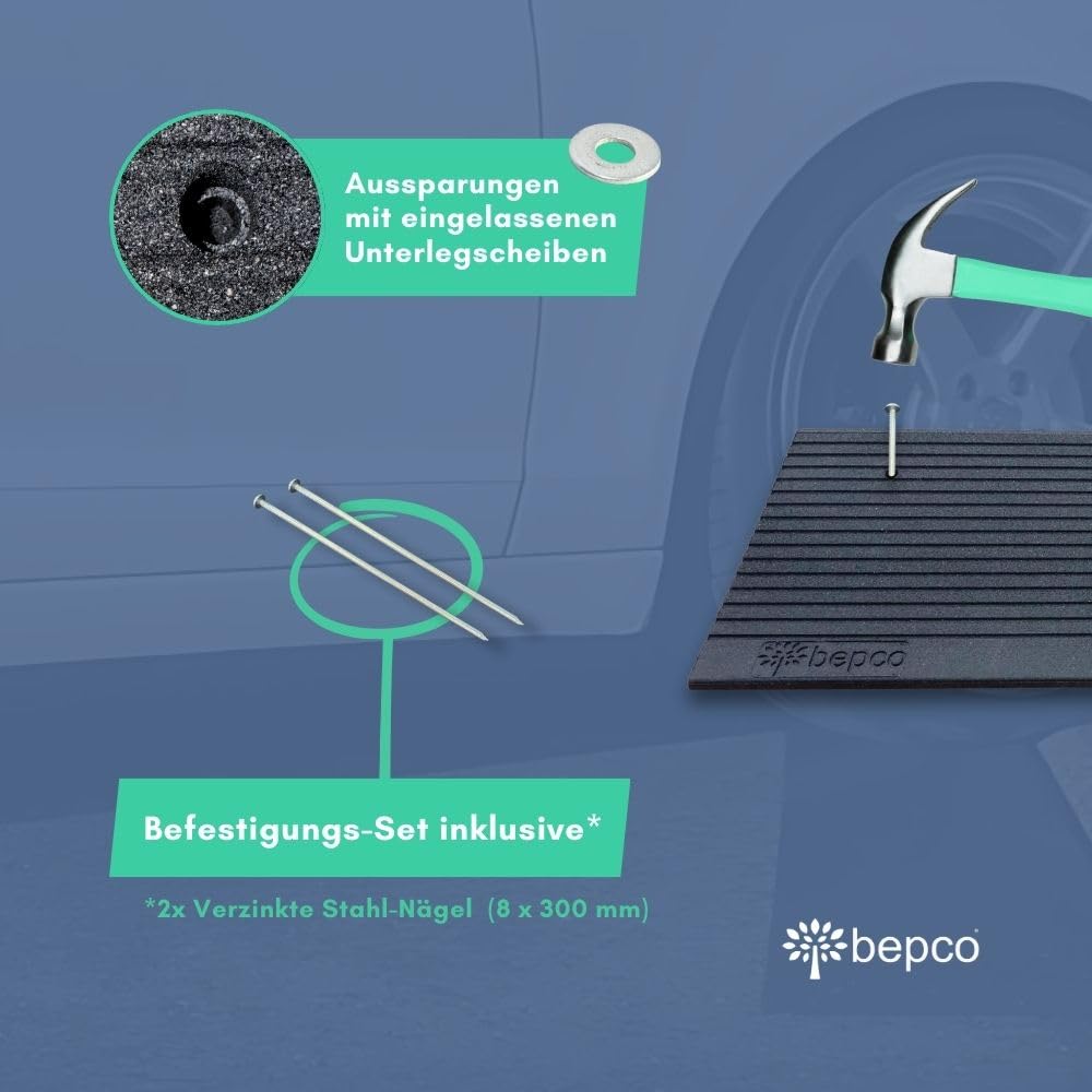 bepco Rampa progowa premium – rampa najazdowa, rampa dla wózków inwalidzkich z gumy z recyklingu, z wkładanymi podkładkami (z gwoździami stalowymi (ocynkowana), 10 cm)