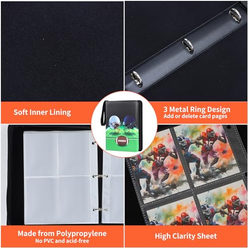 Image of 4 Pocket Football Card Binder with Full Zipper, Holds 400 Cards | 50 Removable Acid-Free & PVC-Free Card Pages, Durable PU Leather Cover for Long-Term Card Storage and Protection