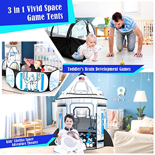 Image of 3pc Kids Play Tent for Girls with Ball Pit, Crawl Tunnel, Princess Tents for Toddlers, Baby Space World Playhouse Toys (3PC White Rocket Play Tent)