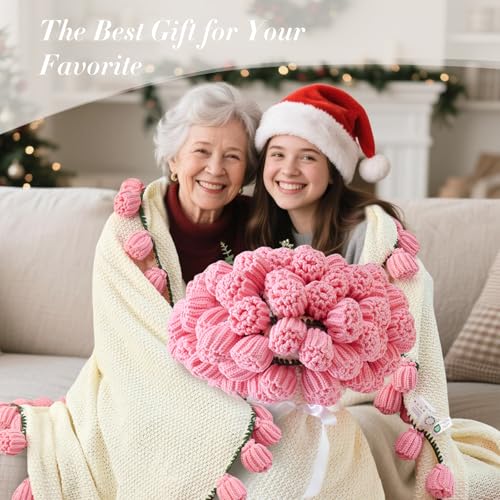 Image of Flower Bouquet Blanket, Birthday Gifts for Mom Teacher Women Grandkids Wife Girlfriend Her, Crochet Flower Blanket, Soft Knitted Throw Blankets for Teacher Appreciation Housewarming Gifts (Pink roses)