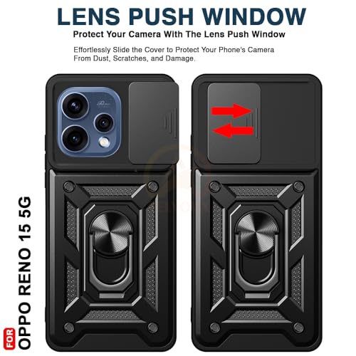 Image of Armor Bumper Back Cover Case for Oppo Reno 15 5G Rotating Camera Cover, Ring Holder & Kickstand | Heavy Duty & 360 Degree Protection Oppo Reno 15 5G Back Cover (Black)