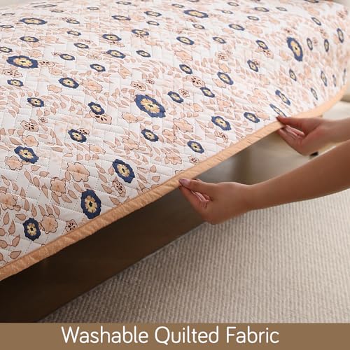 Image of HOKIPO 'HomeHues Series' Printed Quilted Sofa Seat Mat for 3 Seater Sofa with 2 Armrest Covers with Pockets, Light Peach Candytuft (IN-809-D6 + IN-814-D6*2)