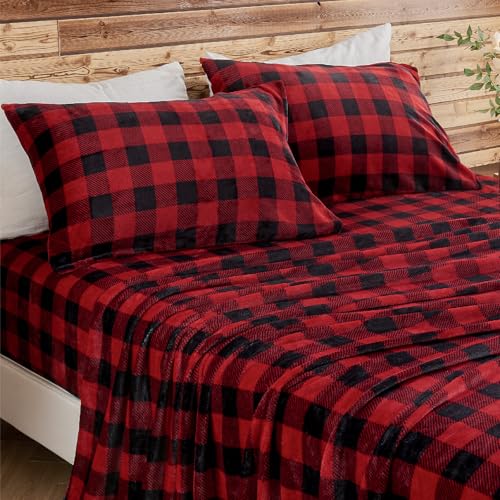 Image of BEDELITE Flannel Sheets Queen Size Bed Set, Luxury Red and Black Plaid Christmas Bedding Set, Super Soft & Warm Fuzzy Fleece Sheets 4 Piece(Include Fitted Sheet, Flat Sheet, 2 Pillowcases)