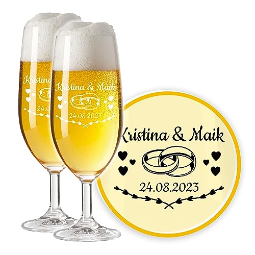 LALALO Leonardo Hochzeit Bierglas Geschenk-Set (2 St.) graviert, Biertulpe/Pilstulpe mit Gravur personalisiert als Hochzeitsgeschenk, Hochzeitstag, Standesamt (Herztanz)