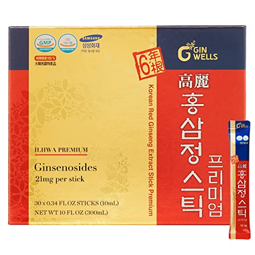 ILHWA Red Ginseng Premium Stick (30pc, 10oz) - Aged 6 Years 100% Korean Panax Extract Liquid Portable Sticks 3000mg.