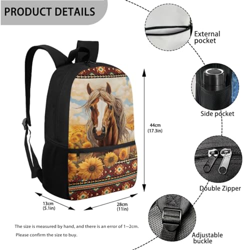 Western Aztec Horse Backpack with Lunchbag for Kids Boys 8-9/10-12/12-14 Backpacks 4 PCS Middle School Book Bag Lunch Box Pencil Bag Water Bottle Holder Bookbags Schoolbags for Teens3