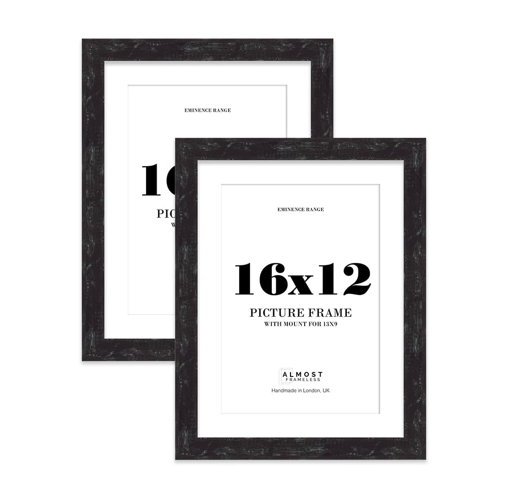 16x12" Distressed Black Picture Frame with 13x9" Mount - Weathered Photo Frame with Distressed Finish, Wall Hooks, 32mm Edge - 2 Pack