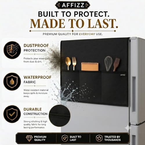 Image of Refrigerator Single Door Waterproof & Dustproof Protective Top Cover with 6 Storage Pockets - Washable Polyester Fridge Cover for Kitchen Organization (130 x 54 cm, Black)