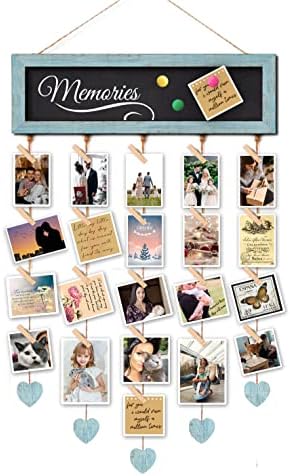 EXQUIDECA Picture Frames Collage Display Board with 30 Clips - Multi Photos Cards Organizer with Adjustable Twines and Magnetic Blackboard - DIY Wall Decor Hanging Picture Holder 15.7x5 Inches