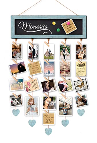 Exquideca Picture Frames Collage Display Board With 30 Clips - Multi Photos Cards Organizer With Adjustable Twines And Magnetic Blackboard - Diy Wall Decor Hanging Picture Holder 15.7X5 Inches #TOP13