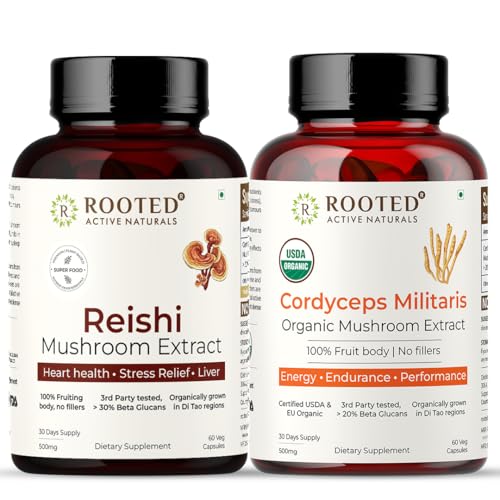 Image of Rooted Active's Adaptogen Power Duo | Reishi & Cordyceps Mushroom Capsules | Whole Mushroom Powder | Vegan, Non-GMO, Gluten-Free | No Fillers | 60+60 Capsules