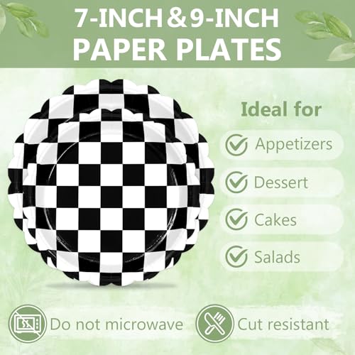 Image of 100 Pcs Black Checkered Paper Plates and Napkins Disposable Set for Party
