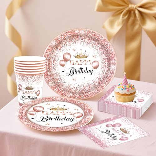 HiEnjoin 80 Stück Roségold Partygeschirr für 20 Gäste, Rosegold Geburtstag Geschirr Kindergeburtstag Teller Becher Servietten Pappteller Party Deko Mädchen, Tischdekoration für Hochzeitsfeiern