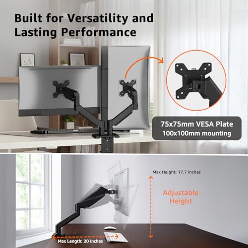 Image of Amazon Basics Heavy Duty Dual Monitor Arm with Gas Spring Adjustment for 13-32 inch Screens | Ergonomic Adjustable VESA Stand | Supports 9 Kgs Per Arm | Swivel, Tilt & Rotate | Steel & Aluminum Build